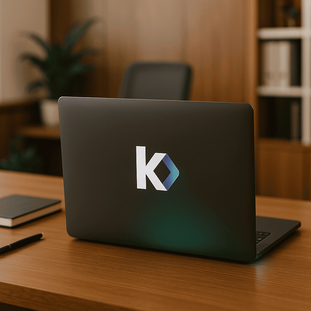 Laptop mit kraatz digital logo auf der Rückseite auf einem Holztisch