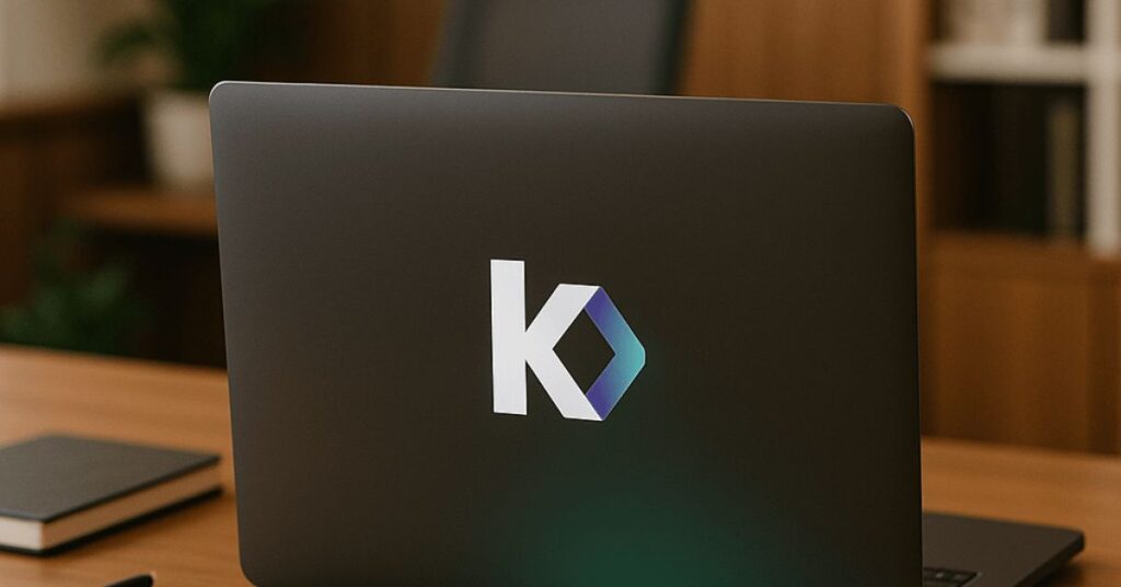 Laptop mit kraatz digital logo auf der Rückseite auf einem Holztisch